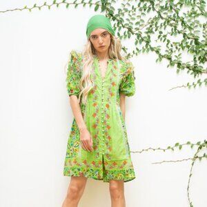 Gipsy Queen Green Boho Floral Print Button Down Short Puff Sleeve Mini Dress